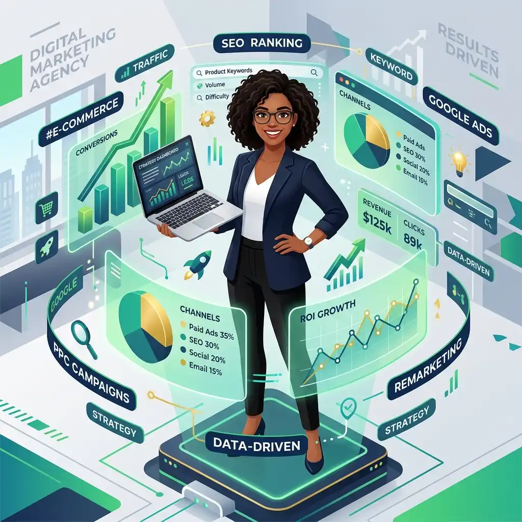Smiling professional holding laptop with data charts